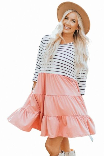 

striped patchwork tiered ruffle t shirt dress g2ho#, Black;pink