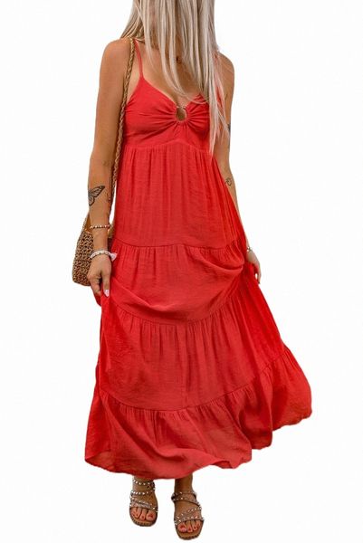 

red o-ring smocked back spaghetti straps tiered maxi dress 47lz#, Black;pink