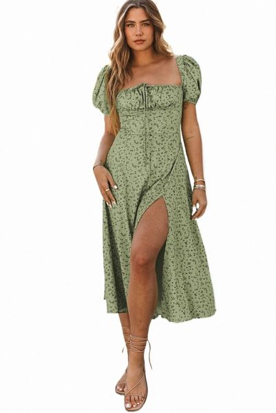 

green square neck puff short sleeve boho flower long dress x3nk#, Black;pink