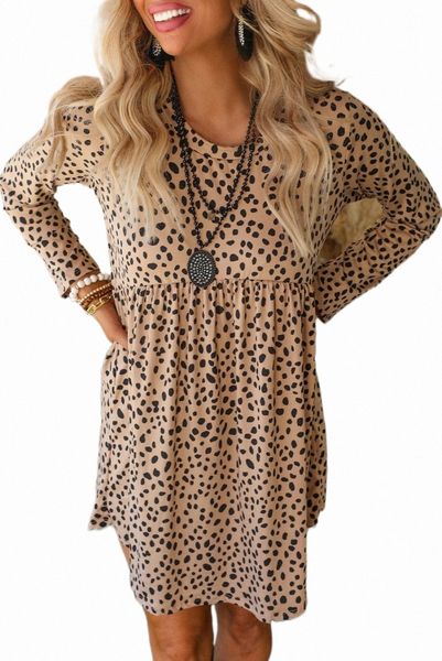 

leopard long sleeve babydoll dress 2023 new 51wm#, Black;pink
