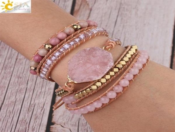 

csja natural stone bracelet pink quartz leather wrap bracelets for women rose gems crystal beads bohemia jewelry 5 strand s308 2204856267, Black