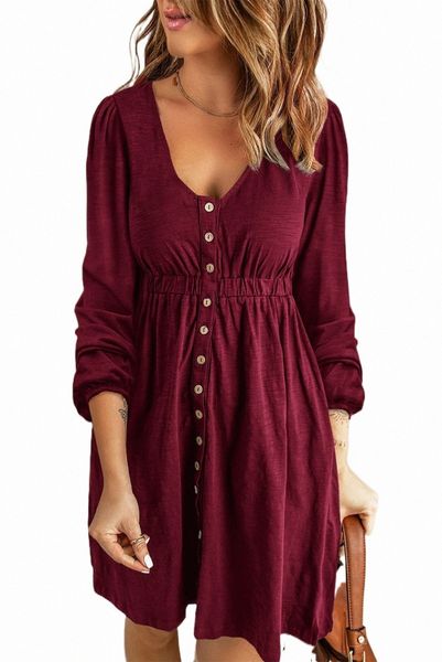 

red button up high waist long sleeve dress 2023 new w0ns#, Black;pink