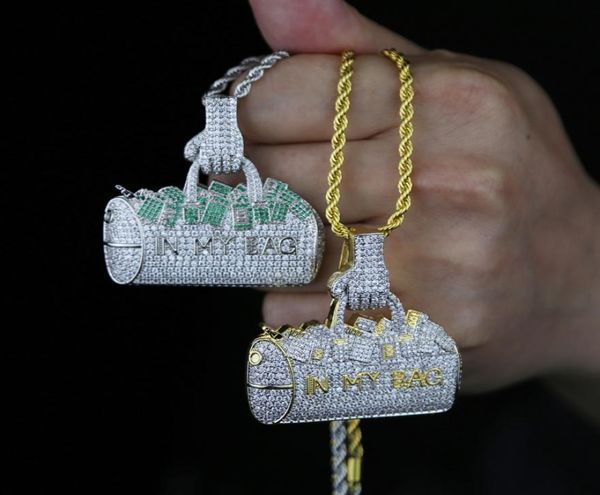 

iced out lady bag pendant with rope chain necklace paved white green cubic zircon engraved in my bag letter pendants for women men9859594, Silver