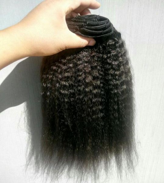 

brazilian human virgin kinky staight hair weft clip in extensions 9 pieces one set natural black7288705, Black;brown