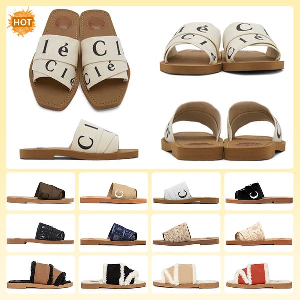 

designer woody sandals womens mules flat slides light tan beige white black pink red dark brown lace lettering fabric canvas slippers summer