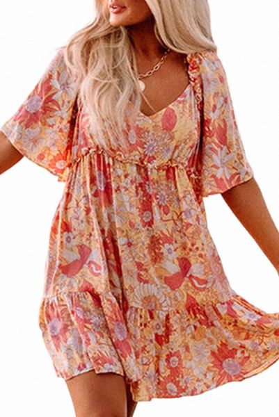 

orange wide flutter sleeve floral dress 2023 new m3oi#, Black;pink