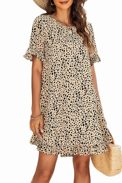 

leopard print ruffled short sleeve mini dress i87h#, Black;pink