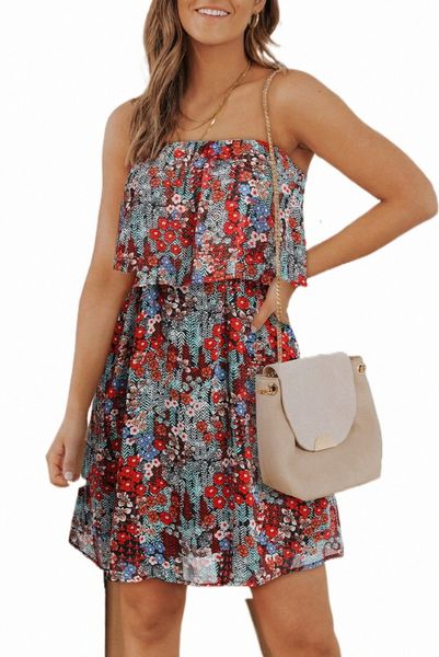 

red floral print tiered ruffled bandeau mini dress 88gn#, Black;pink