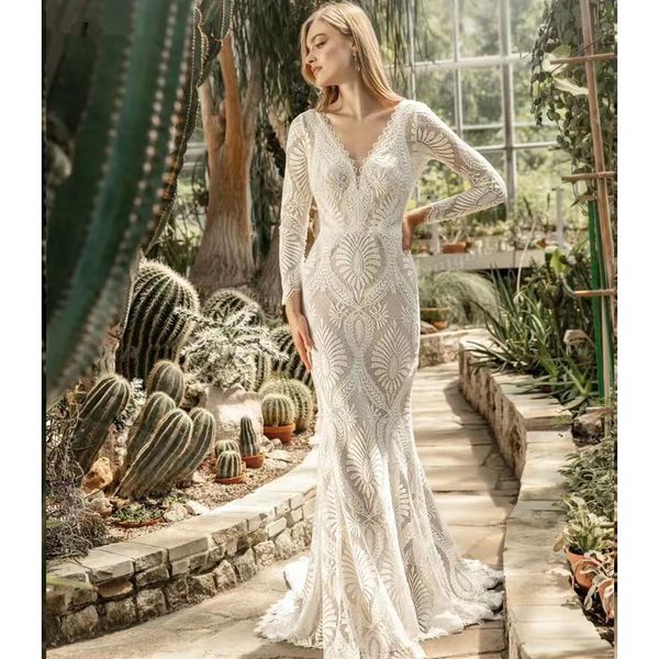

vestido novia boho elegant lace wedding dresses backless long sleeve mermaid boho bride dress 2023 deep bridal gowns, White