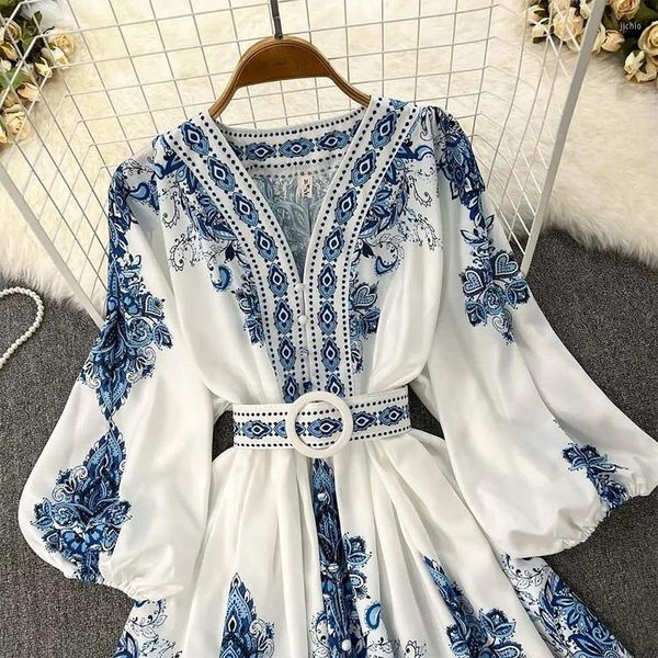 

Casual Dresses Women Bohemian Dress 2023 Spring Summer Print Long Lantern Sleeve V Neck Corset Slim Button Pleated Vacation, Blue