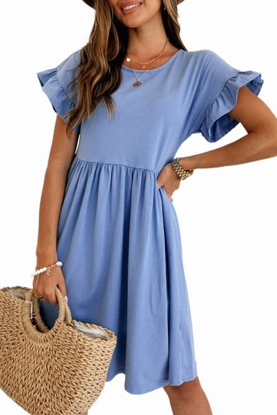 

sky blue round neck ruffle sleeve loose dress k3p3#, Black;pink
