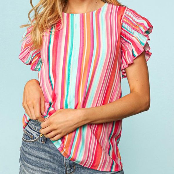 

stripe abstract print stitching ruffle sleeve blouse, White