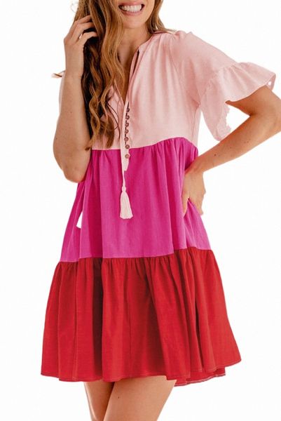 

pink tie button v neck short flowy sleeve tiered dress j3xy#, Black;pink