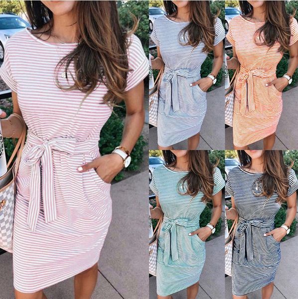 

casual stripe women tshirt dress elegant o neck short sleeve sashes pocket black pink sundress cotton summer midi dresses vestidos, Black;gray
