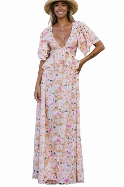 

orange deep v neck knotted open back ruffled floral maxi dress q8d7#, Black;pink