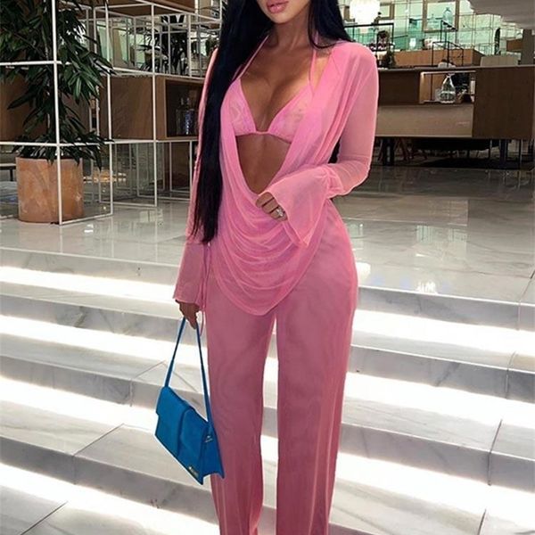 

women s two piece pants setelan celana panjang punggung terbuka jaring tanpa tali seksi wanita 3 berenda lengan bersirkulasi perspektif wan, White