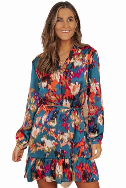 

blue abstract print ruffled drawstring high waist mini dress a5wn#, Black;pink