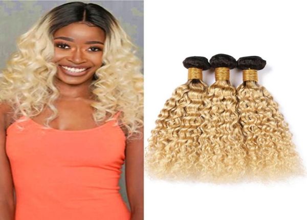 

1b 613 ombre brazilian wet and wavy human hair bundles 300gram black roots and blonde ombre virgin hair extensions water wave wea4996629, Black;brown