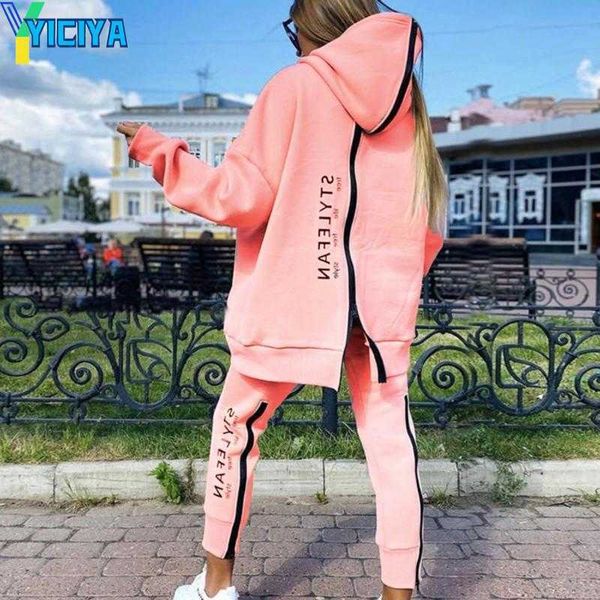 

yiciya women's two piece pants casual tracksuit classic back zipper loose long sporty outfit autumn winter hoodie set, White