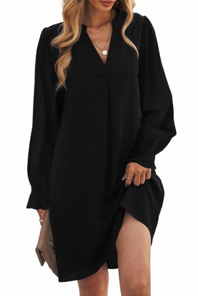 

black split v neck ruffled sleeves shirt dress r0f3#, Black;pink