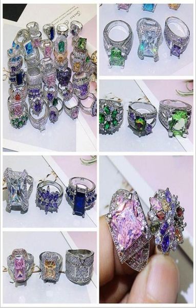 

mix 925 silver plated gemstone rings with side stones super shining colorful zircon stone micro pave zirconia finger ring for wome7731690
