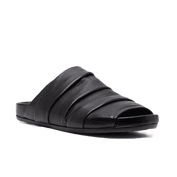 

23ss open toe fur pleated real leather flat summer sandals, Black