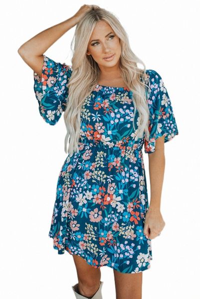 

blue square neck ruffle floral dress 2023 new h0ip#, Black;pink