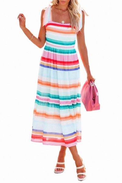 

multicolor tie shoulder strap striped midi dress u1sm#, Black;pink