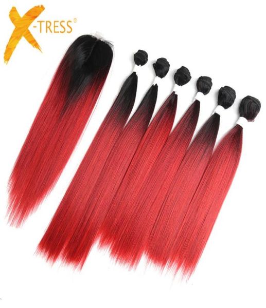 

yaki straight synthetic hair bundles with closure 1418inch xtress high temperature fiber ombre red color bundle hair weaving 2202597641, Black;brown