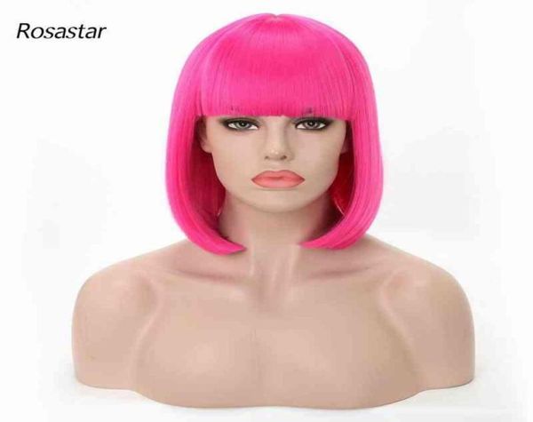 

hair synthetic pink short straight bob with bangs for women heat resistant fiber cosplay or daily use 2203011224443, Black;brown