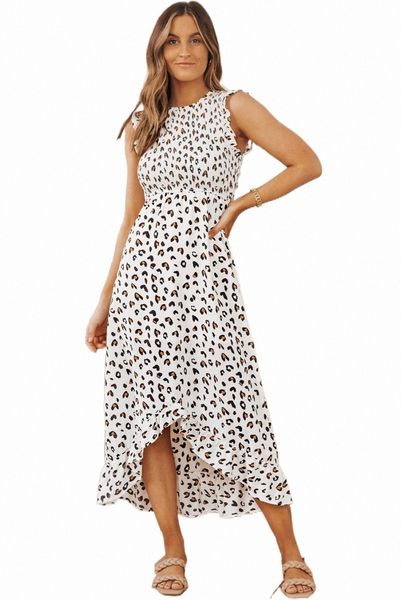 

white leopard smocked high low midi dress 2023 new c5ur#, Black;pink
