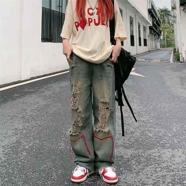 

jeans hole trend girl denim straight pants y2k hiphop high street retro hig waist baggy wide leg jeans woman, Blue