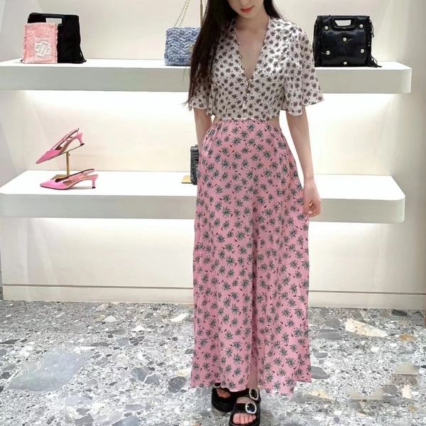 

new--aje v-neck floral a-line dress midriff costume contrasting maxi dress for women, Black;gray