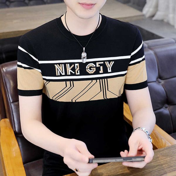 

high end ice silk short sleeved t-shirt for men in summer thin half sleeved fashionable and handsome t-shirt knitted upper garment high-end, White;black