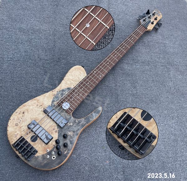 

6 string electric bass guitar with yinyang rosewood fingeboard burl flame dots inlay butterfly abalone on head top