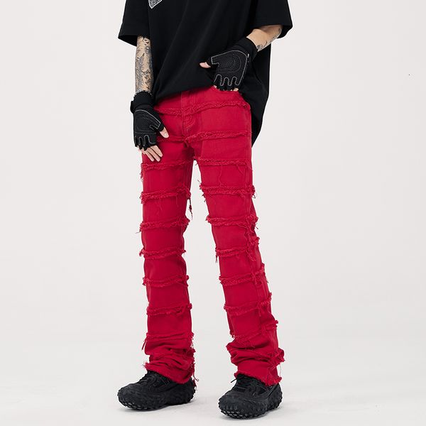 

mens jeans streetwear red white balck men slim straight ripped hole patchwork pleats hip hop punk rock pants y2k denim trousers 230516, Blue