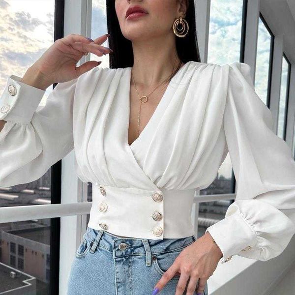 

shirt womens v neck long sleeve short waist puff solid color pleated, White