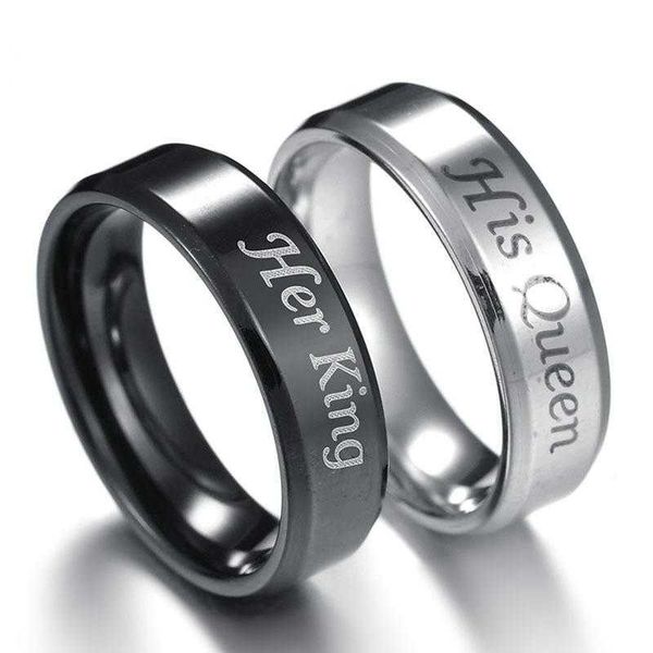 

her kingh is queen stainless steel couple ring 6mm minimalist letter nice jewelry, Silver