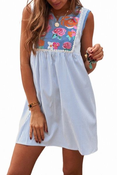 

embroidered floral striped sleeveless shift mini dress e4ou#, Black;pink