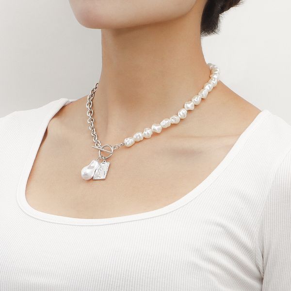 

necklace jewelry acrylic shaped pearl stitching thick chain square round card necklace woman designer jewlery fashion trend necklace simple, Silver