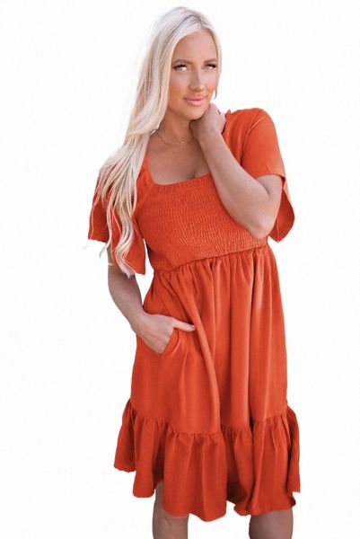 

orange smocked high waist pocketed ruffle mini dress l4rl#, Black;pink