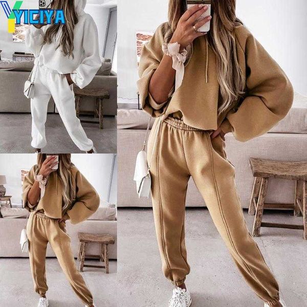 

yiciya women's two piece pants 2 outfits casual long sleeve pullover hooded solid lounge set, White