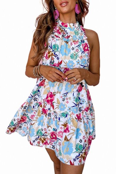 

white frill mock neck sleeveless tiered floral dress x3ia#, Black;pink