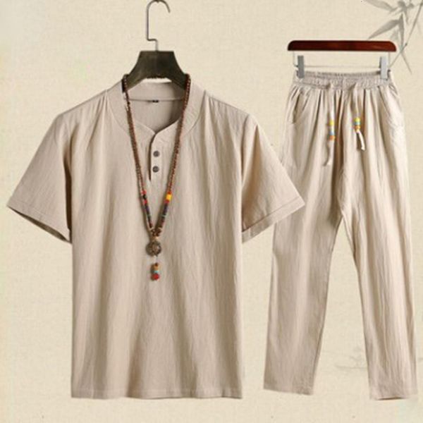 

mens tracksuits summer fashion shirts trousers set cotton and linen short sleeve casual pants outfit m4xl 230516, Gray