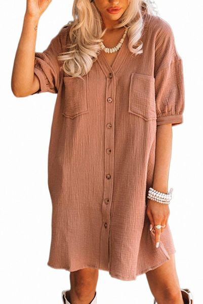

brown crinkle textured joint bubble sleeve shirt dress x38i#, Black;pink