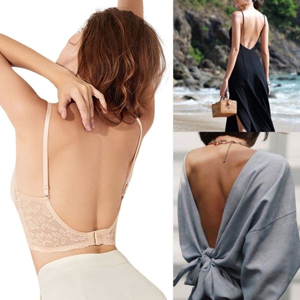 

bra lace backless smooth invisible elegant thin translucent large open back charming dress 230517, Red;black