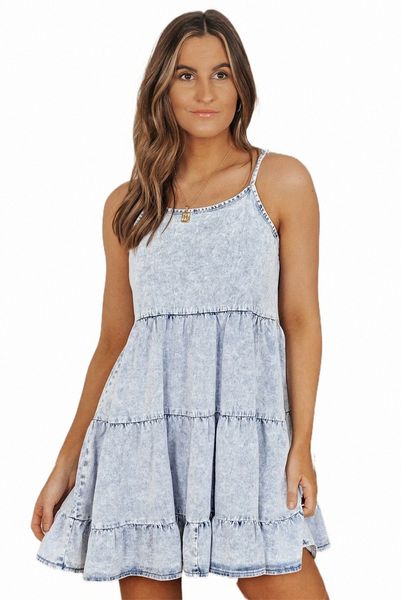 

sky blue adjustable straps tiered ruffle denim dress o6q8#, Black;pink