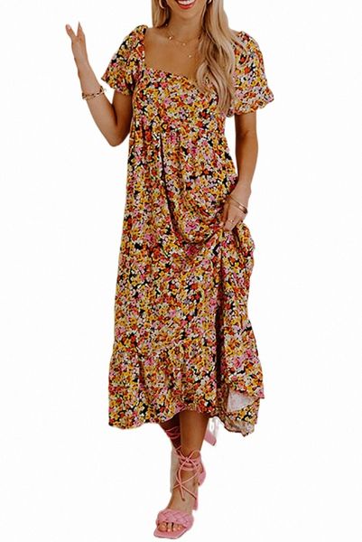 

yellow puff sleeve square neck open back floral midi dress o97w#, Black;pink