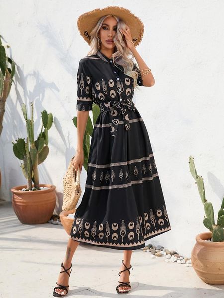 

dresses fashion print shirt dress retro chic woman vintage dress maxi dress elegant button belt high waist dresses for women 2023 luxury, Black;gray