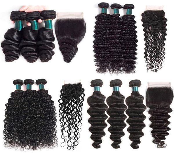 

brazilian virgin human hair weave 3 bundles with 4x4 lace closure deep wave loose wave water wave loose deep kinky curly hair exte6215304, Black